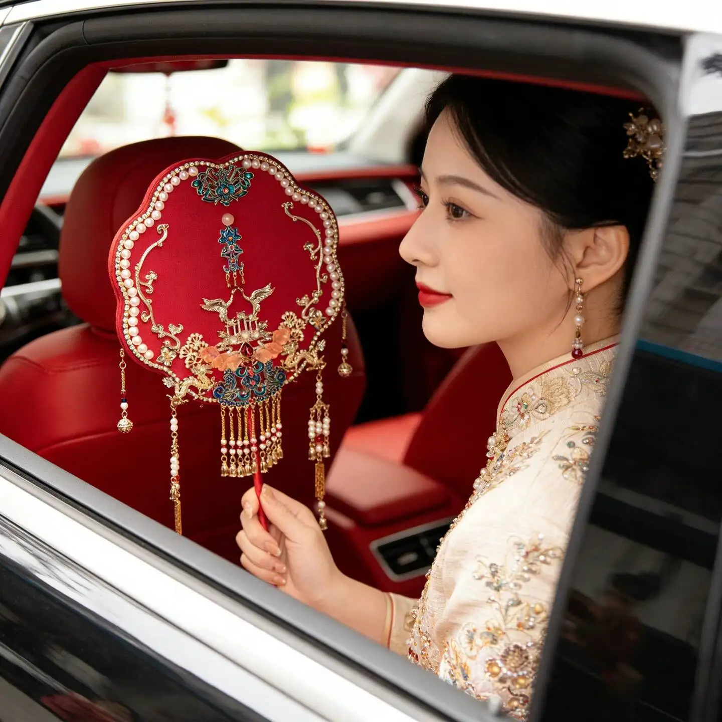 Wuxiuyuan Round Fan For Bride Wedding Red Round Fan Material Kit DIY High-end Chinese Style Xiuhe Veil Fan Finished Product