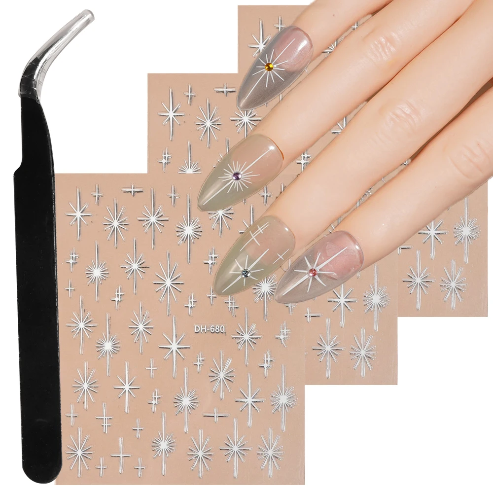 

1/5/10pcs Star Cross Star Nail Stickers Simple Exquisite 3D Flat Nail Art Stickers DIY Manicure Decoration Decals with Tweezers
