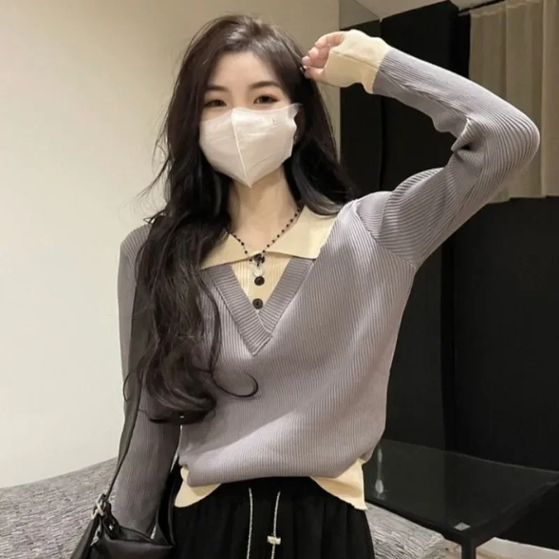 Button Knitted Woman Tshirt Long Sleeve Basic Fashion 2025 Casual Tops Pretty With Collar New Youth Polo Neck T Shirt for Women