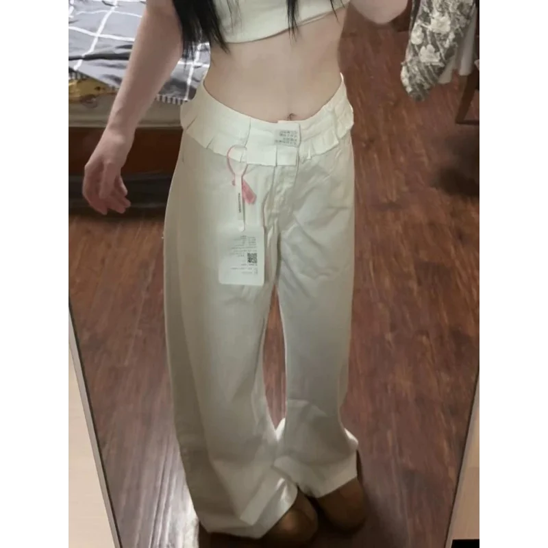 

American White Lace Jeans Women in Women's Autumn Straight-leg Pants Design Sense Scimitar Floor Wide-leg Casual Trousers