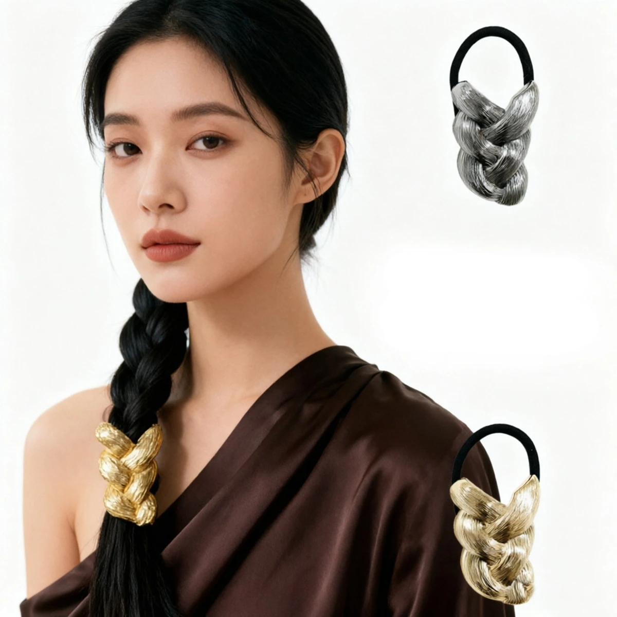 Punk Metal Braid Shaped Elastic Headband Women Girls Unique Design Ponytail Hair Tie Rubber Band Scrunchies Y2K Hair Accessories