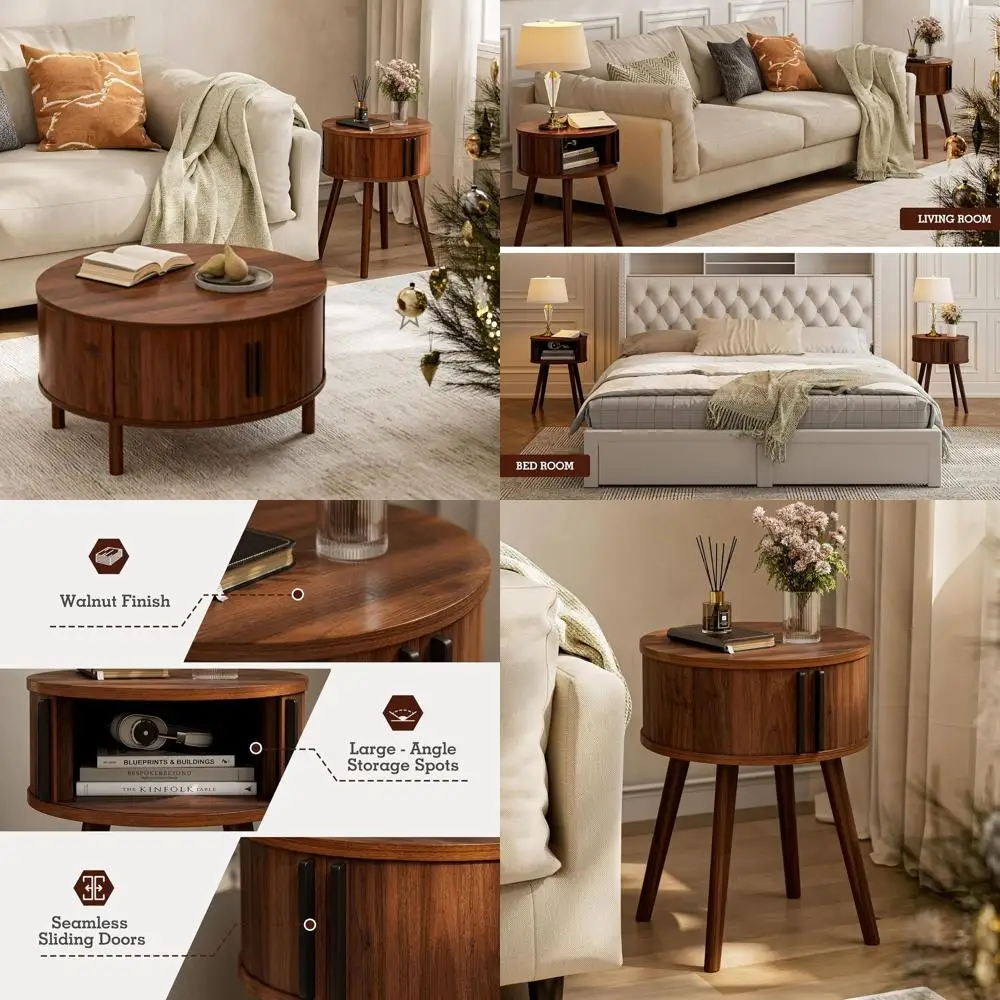 

Sliding Door Side Table, Living Room End Table, Bedroom Nightstand, Modern Solid Wood Bedside Table in Walnut