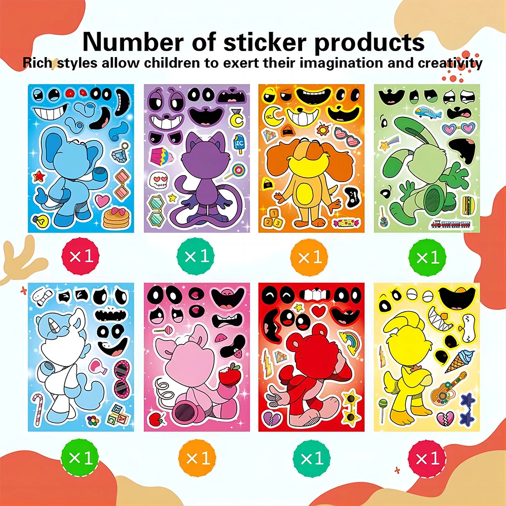 8/16sheets Smilling Critters Cartoon Puzzle Stickers Make a Face Children DIY Funny Assemble Jigsaw Decals Toys Kids Party Gift