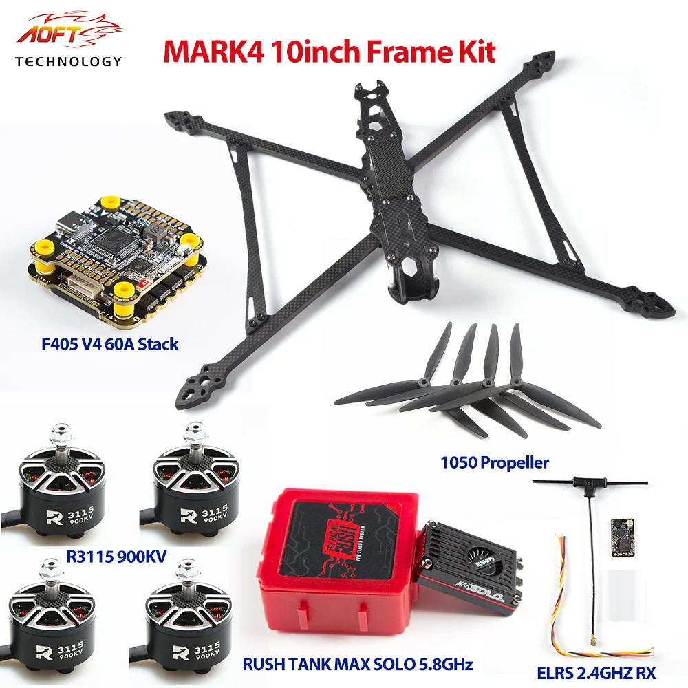 

Mark4 10inch FPV Carbon Fiber Frame Kit 1050 Propeller F405 V4 FC 60A ESC RUSHFPV MAX SOLO 2.5W VTX 3115 900KV DIY Drones Set