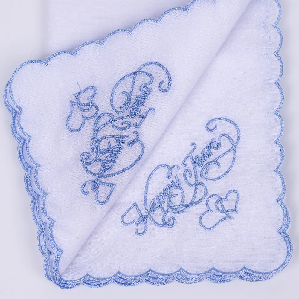 Embroidered Wedding Handkerchiefs Happy Tears Handkerchiefs with Scallop Lace Edges for Wedding Day Bride