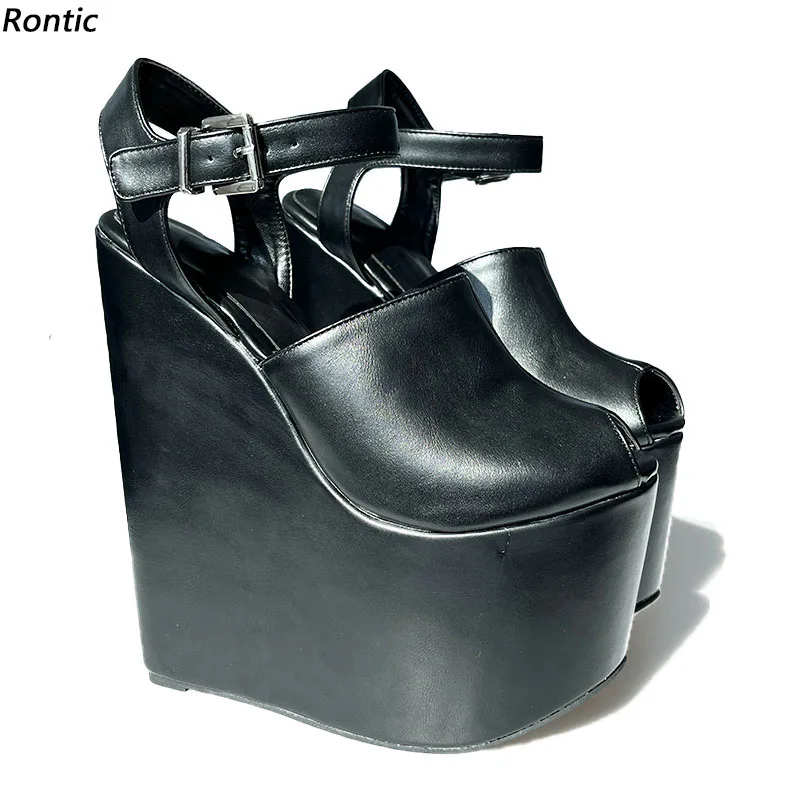 Rontic Handmade Women Summer Platform Sandals Wedges Heels Peep Toe Elegant Black Cosplay Shoes Ladies US Size 5-15