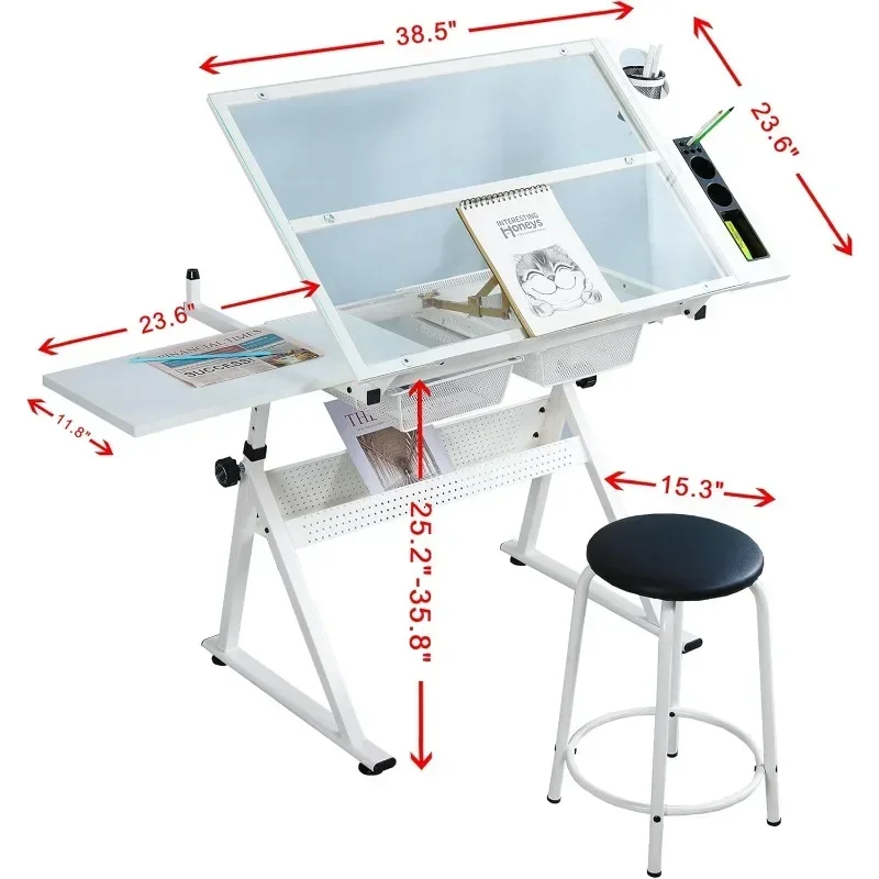 Height Adjustable Drafting Table - Modern Tempered Glass Artist Drafting Table Tilt Top with Chair for Home Office