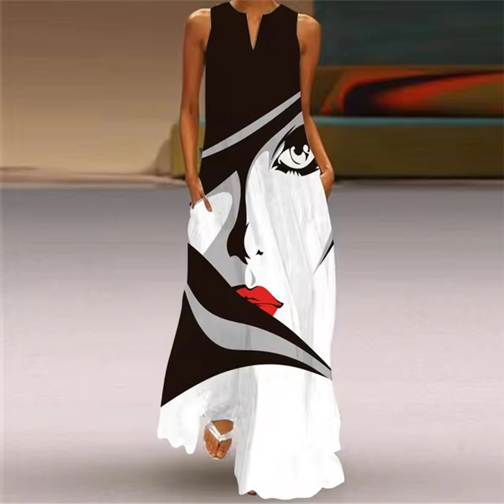 

Abstract Face Printed Maxi Dress Women's Summer Loose Sleeveless Long Tank Top Dress Elegant Women's V Neck Boho Beach Dress