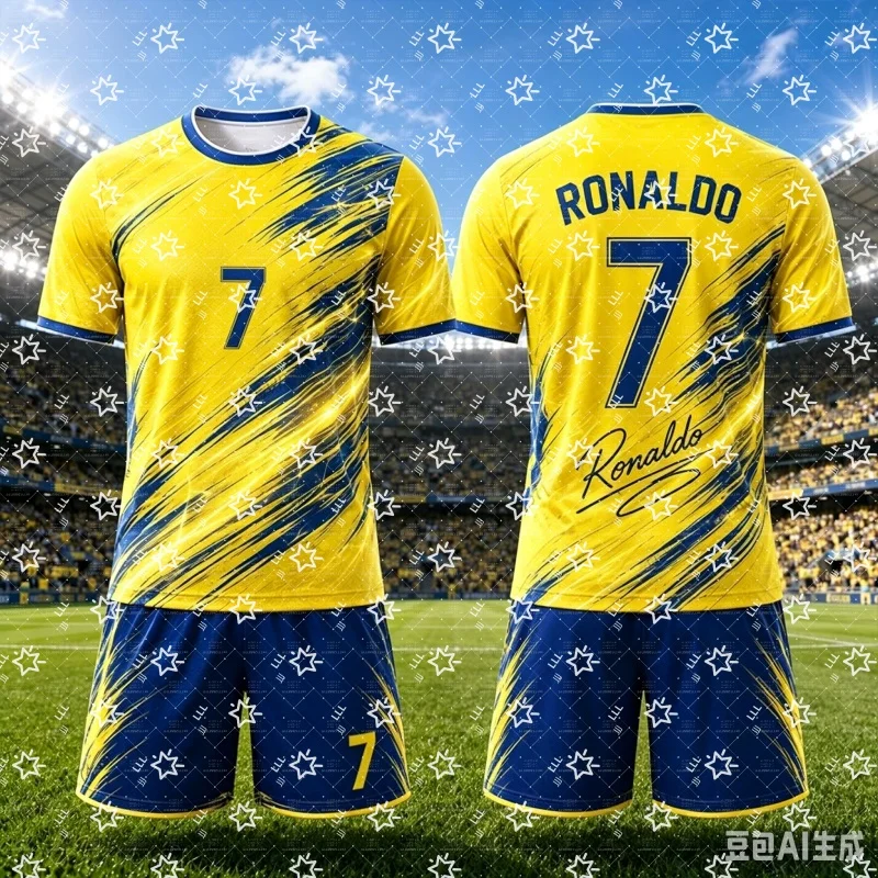 Men Ronaldo 7 Football Jersey Set Yellow Blue Brush Print Round Neck Short Sleeve Soccer Shirt + Drawstring Shorts 2-Piece