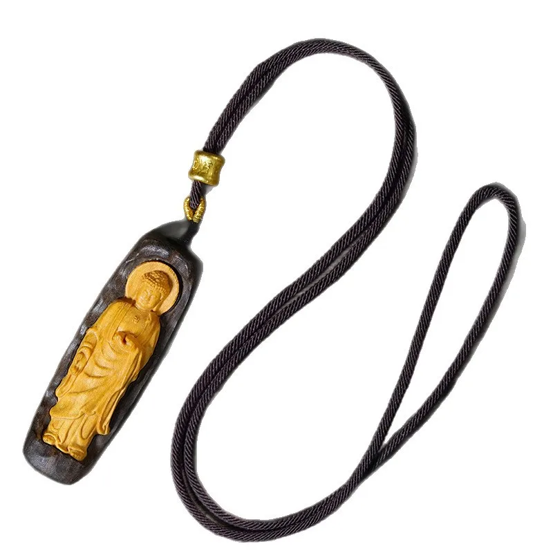 Agarwood Inlaid Boxwood Carved Guanyin Tag Vairocana Pendant Cultural Play Ornament Unisex Festival Gift