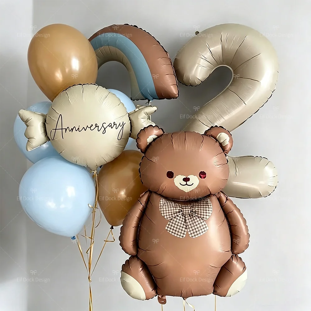 1 ensemble de ballons de fête arc-en-ciel avec ours brun de dessin animé, ballons chiffres crème pour anniversaire, décoration de fête, cadeaux