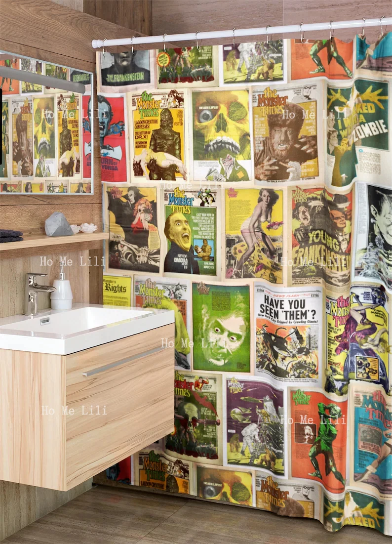 Retro Monsters Shower Curtains Vintage Horror Comics Movie Monsters Sci-Fi King Kong Unique Kitsch Bathroom Home Decor