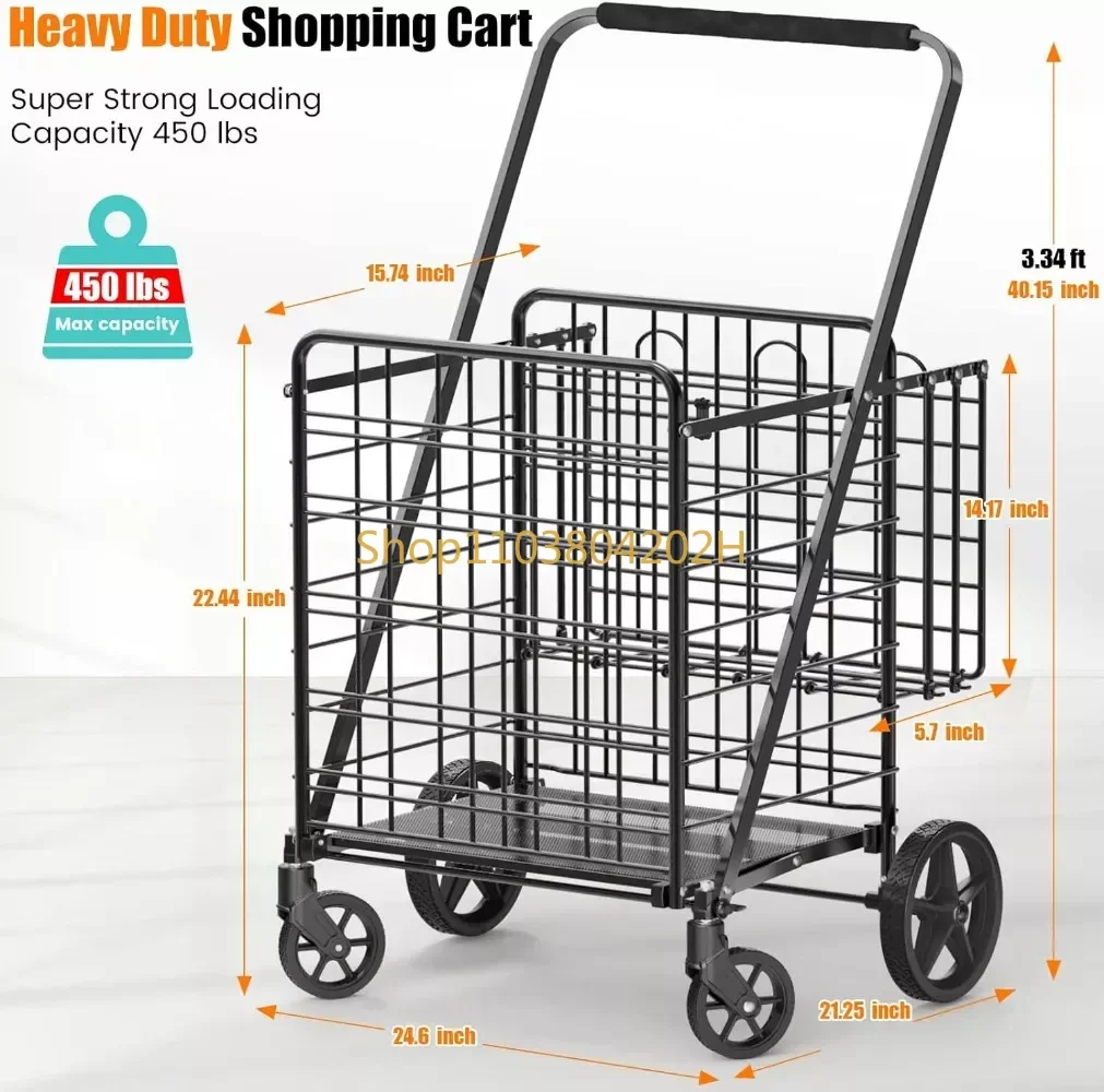 

Extra Large Shopping Cart for Groceries 450lbs Heavy Duty Grocery Cart on Wheels Folding Dual Basket Utility Carts