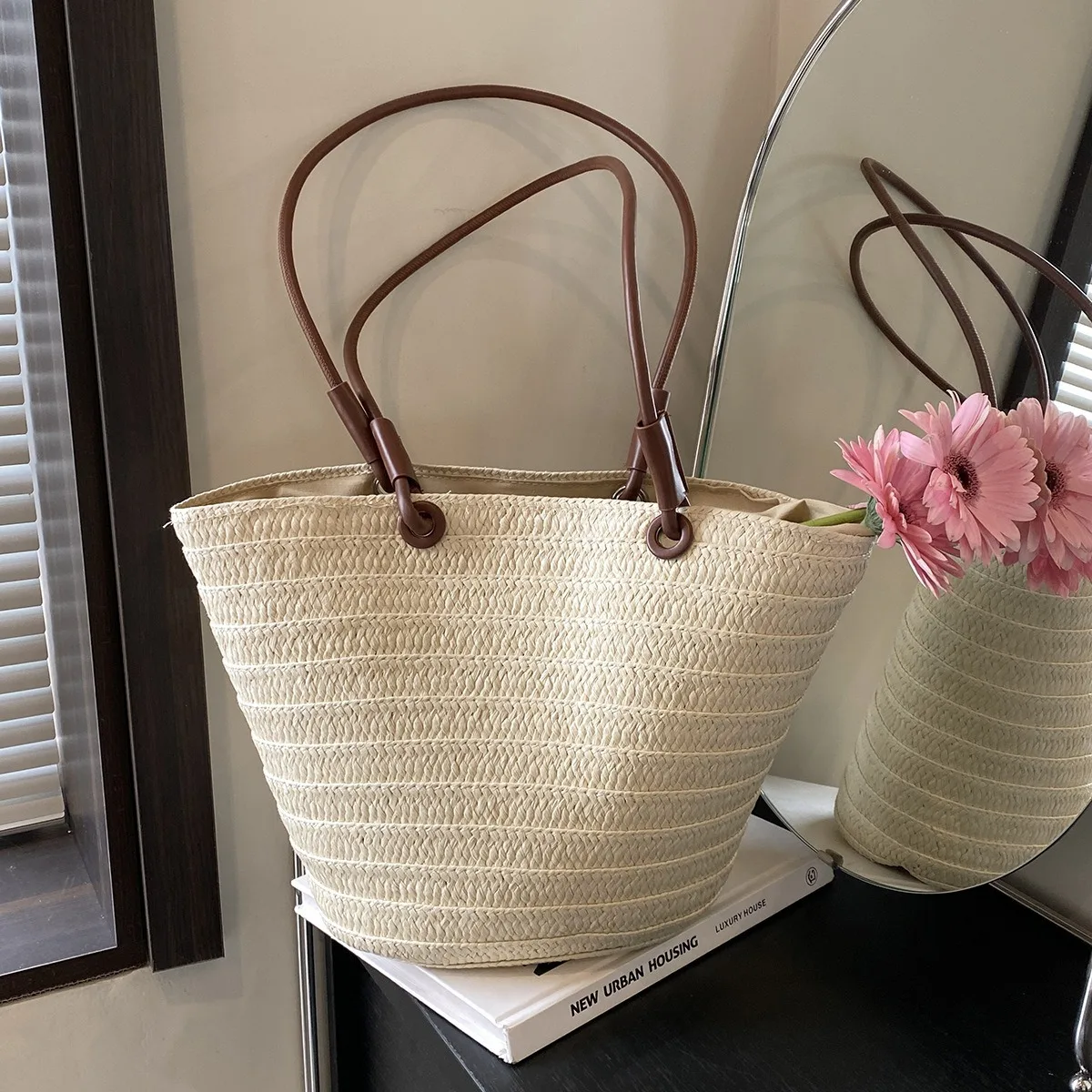 Casual Large Capacity Straw Basket Bag Handmade Women Shoulder Bags Weave Summer Beach Bandbags Big Tote Bali Shopper Purses