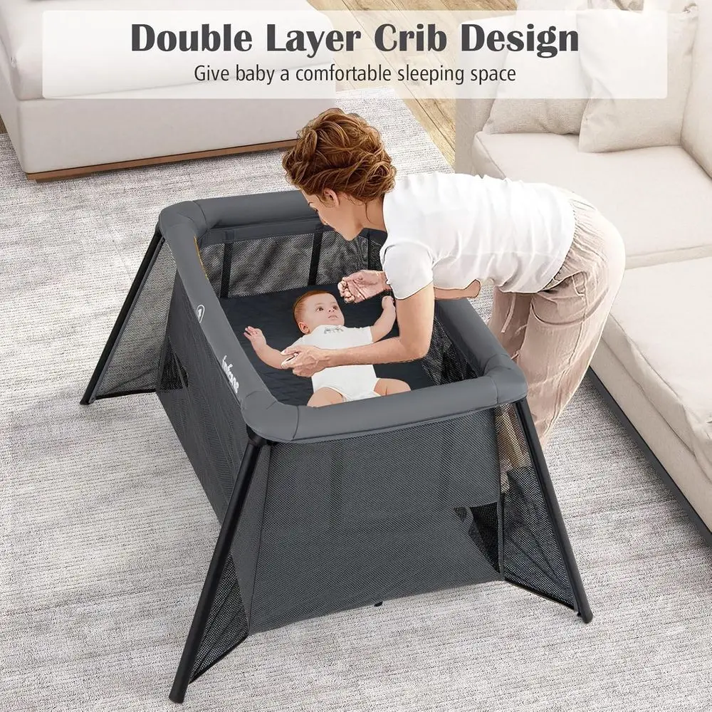 コンパクトなベビーサークル、取り外し可能なベビーベッド、ソフトマットレス、新生児から幼児まで使えるキャリーバッグ付き、ダークグレー