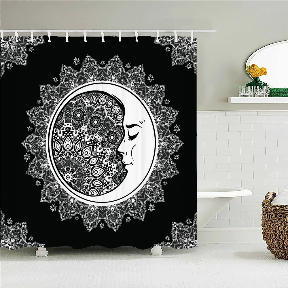 White Black Sun Moon Mandala Printed Fabric Shower Curtains Retro Bath Screen Waterproof Products Bathroom Wall Decor with Hooks