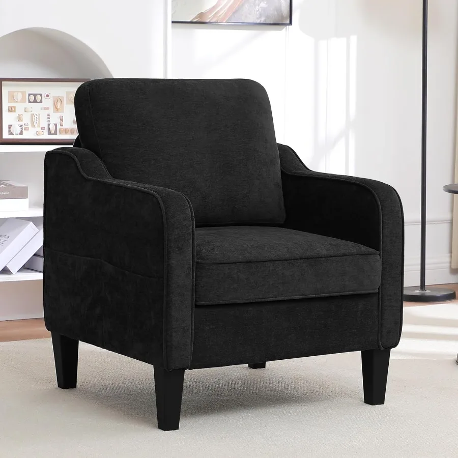 Accent Chair for Living Room Mid Century Modern Reading Chair for Bedroom Upholstered Armchair with Side Pockets Comfy Single S