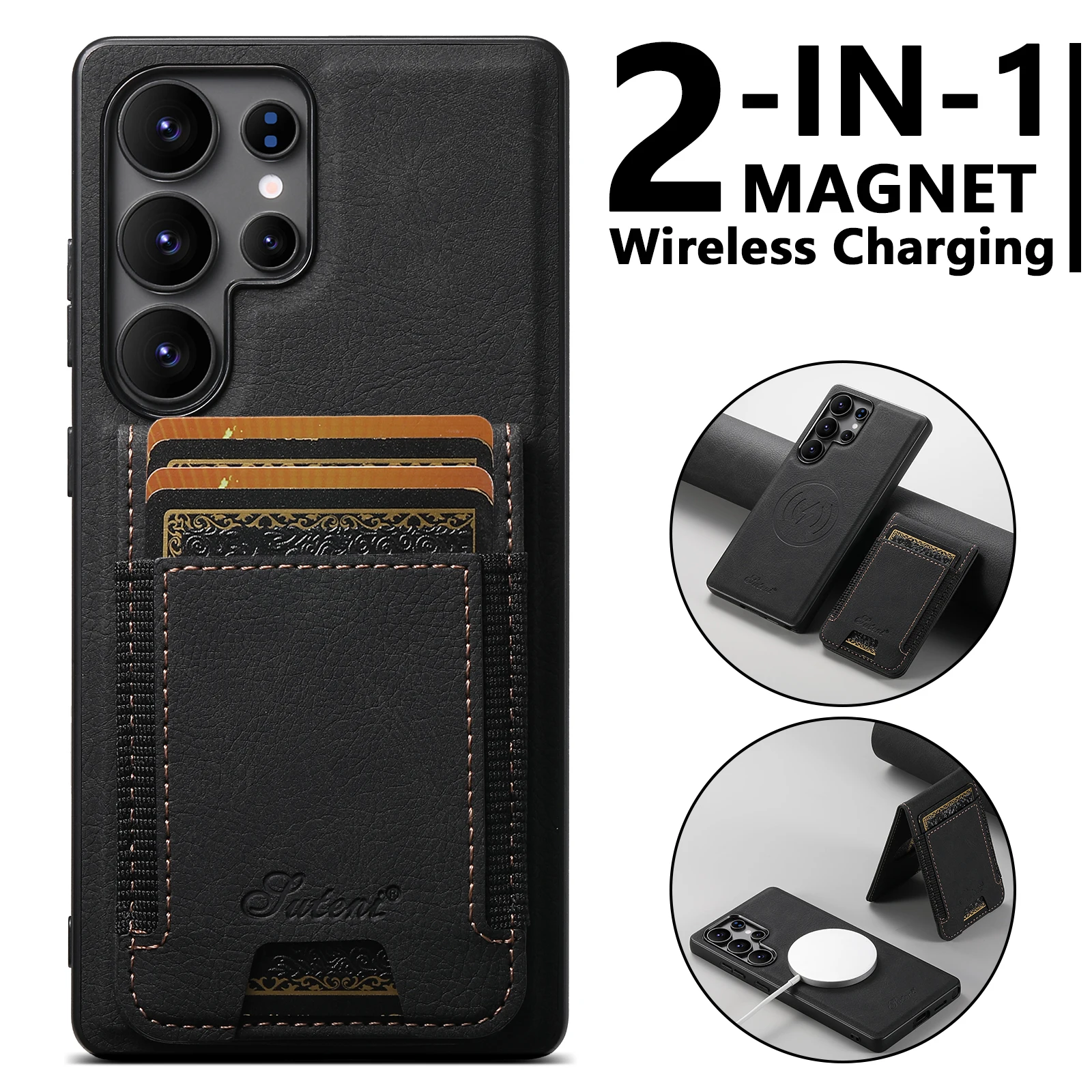 

SUTENI Magnet Wireless Charging Card Holder Stand Luxury PU Leather Phone Case For Samsung S25Ultra S24Plus S23 S22 Note20