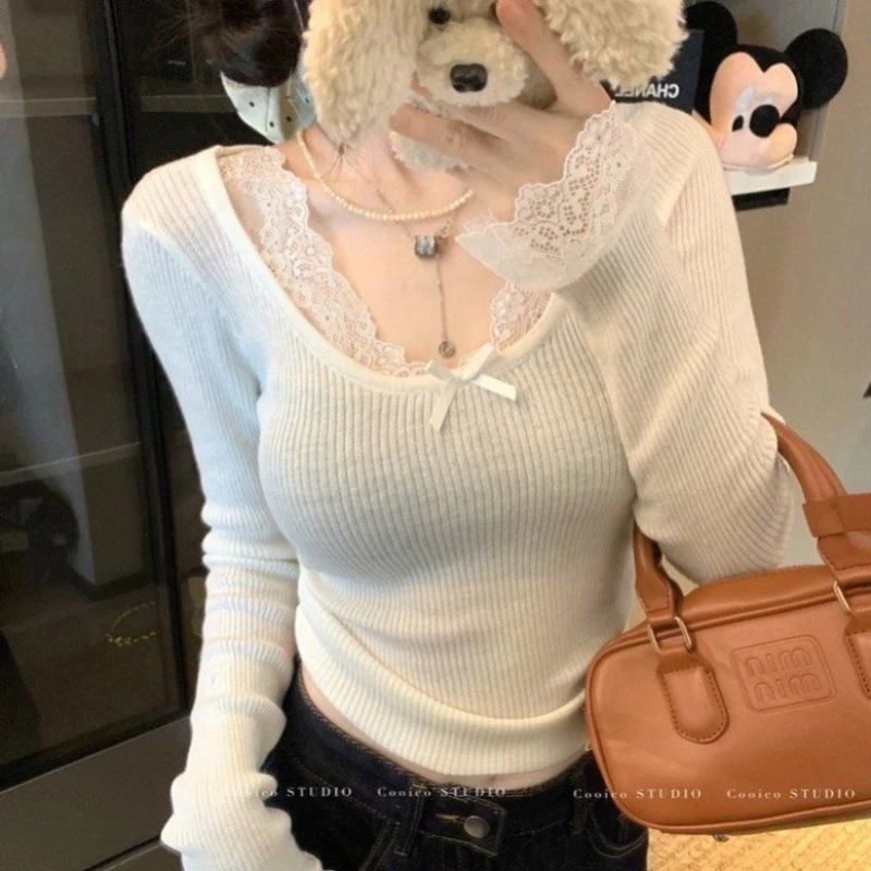 

Sweet Cute Lace Patchwork Slim Tops Spring Long Sleeve Youth Solid Fashion T Shirts Korean Temperament Women Clothing JJ1278
