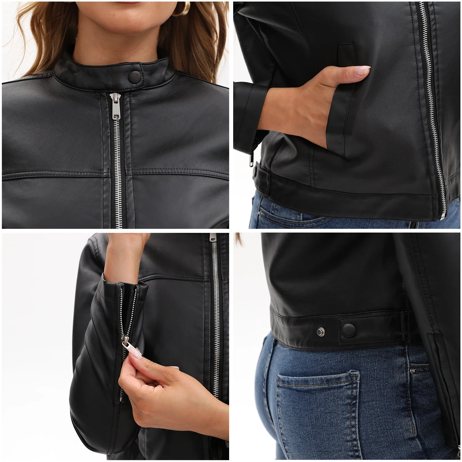 QJ CINGA Brand New Autumn Women's Casual Leather Jacket, Black Stand-up Collar PU Coats, White Coffee, Dark Blue Optional