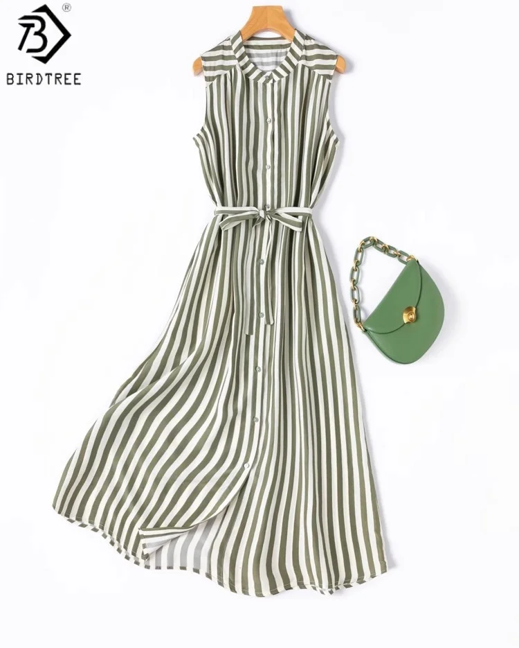 BirdTree 100 % Maulbeerseide, olivgrünes Kleid, ärmelloses Damenkleid mit elektrischen Spinnstreifen und Gürtel, 2025 neu D57010JF