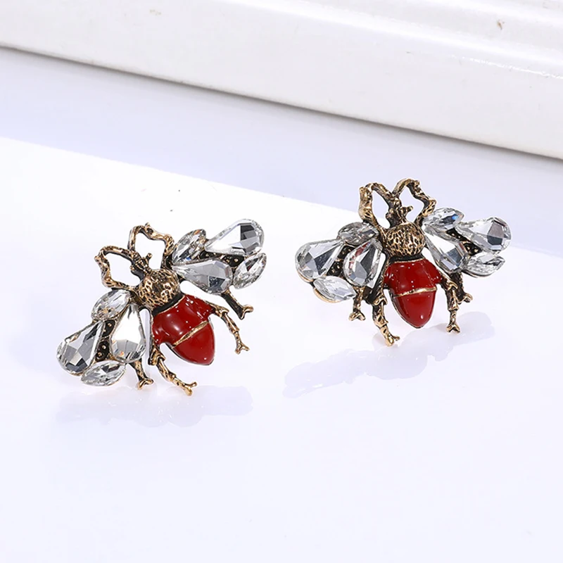 Art Deco Jewelry Vintage Gold Color Crystal Rhinestone Insect White Red Green Enamel Bumble Bee Stud Earrings for Women