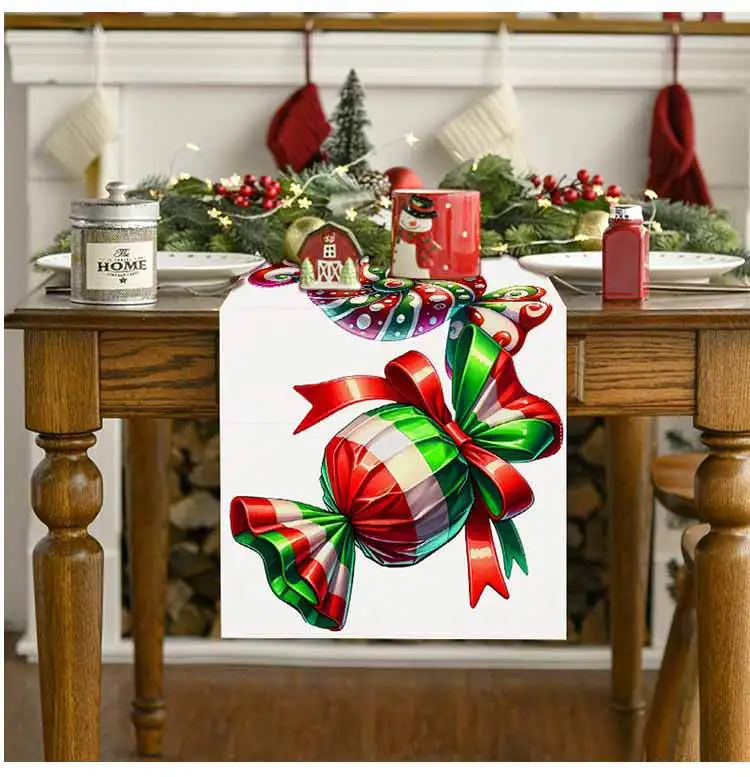 2025 Linen Christmas Candy Table Runner Xmas Dining Tablecloth Cover Navidad Noel New Year Christmas Home Room Party Decoration