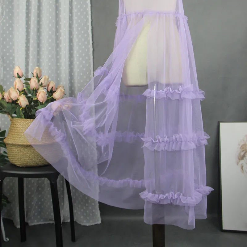 Layered Mesh Slip Dress Lavender Transparent Sweetness Underskirt Open Cut Lace Fluffy Fairy Skirt Long 115cm Coverskirt Summer