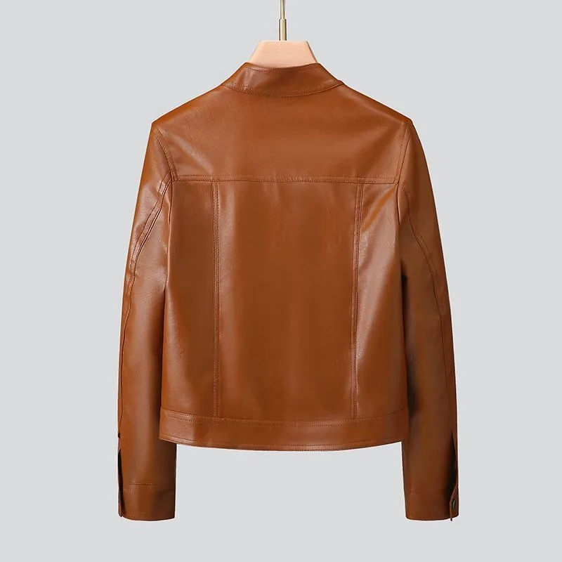 Haining jaqueta de couro feminina casaco curto petite estilo coreano emagrecimento retro gola alta couro primavera e outono novo estilo