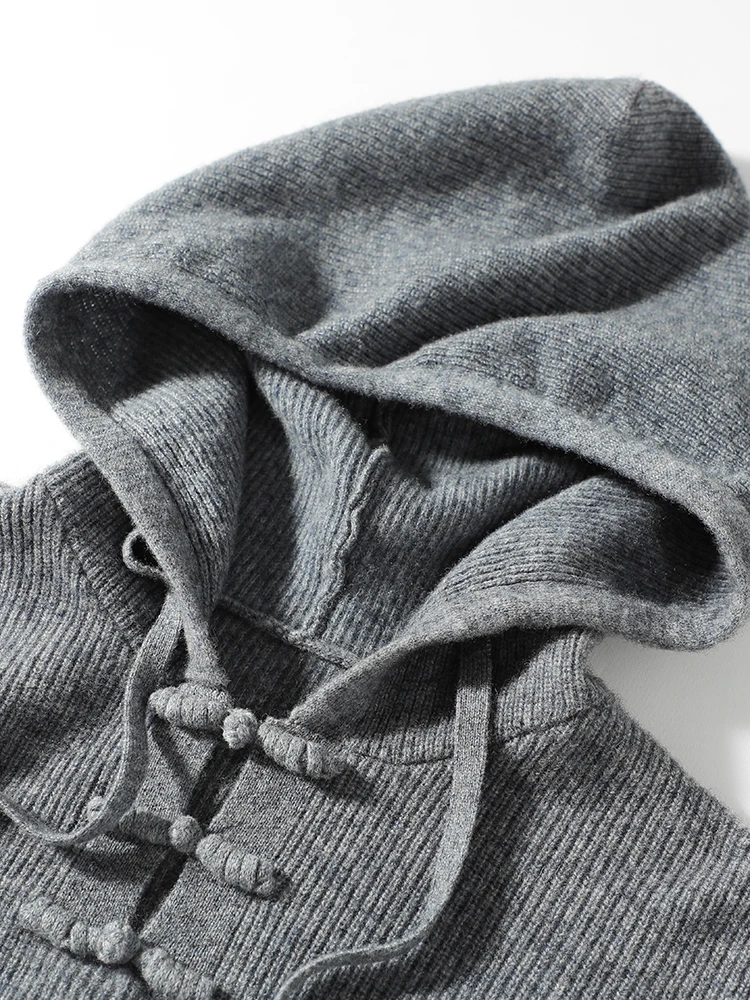 Nowy, elegancki sweter damski w stylu chińskim z kapturem, zapinany na guziki, jesienno-zimowy, wykonany w 100% z wełny merino, z regulowanym sznurkiem, swobodny, dzianinowy top.