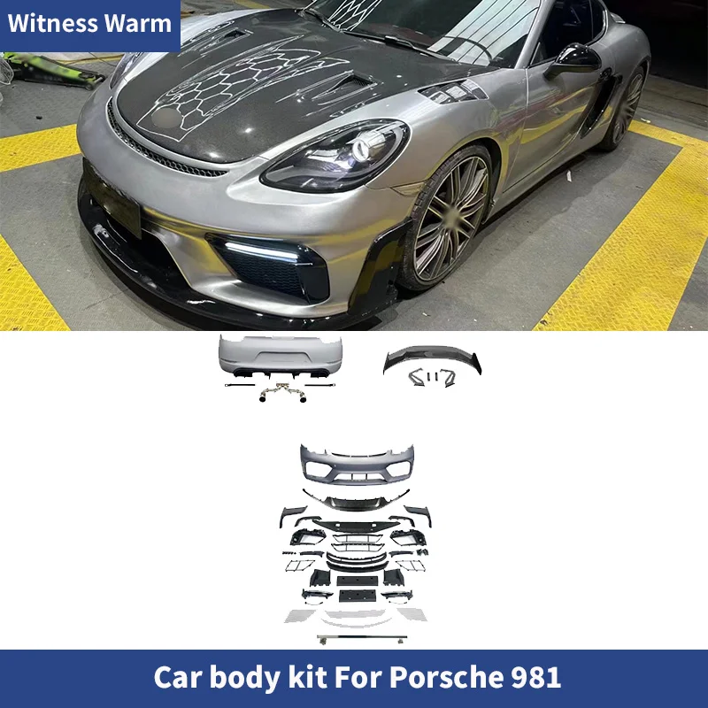 For Porsche Boxster Cayman 981 Modified 718 GT4RS Style PP Front Bumper Rear Bumper Fender Rear Spoiler wing Exhaust Tip BodyKit