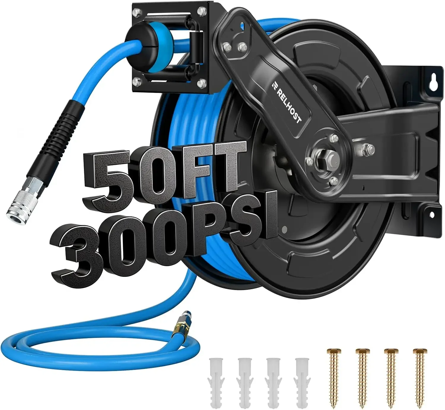 

Air Hose Reel, 50 ft x 3/8 in Hybrid Air Hose Max 300PSI, Heavy Duty Air Compressor Hose Reel
