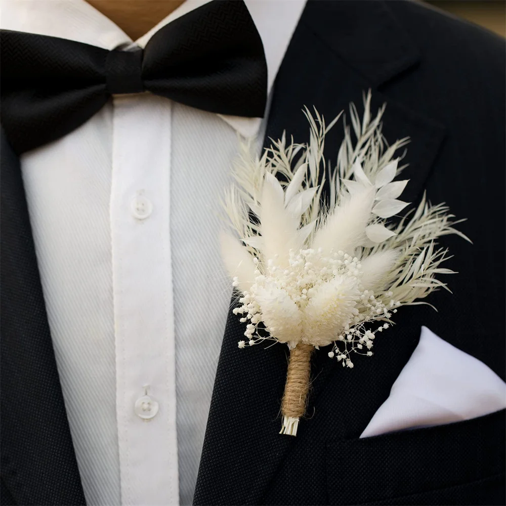 Mini Pampas Arrangement Bouquet Dried Flowers Boutonniere 2-Piece Set Bohemian Rustic Vintage Wedding Groomsmen Men's Decoration