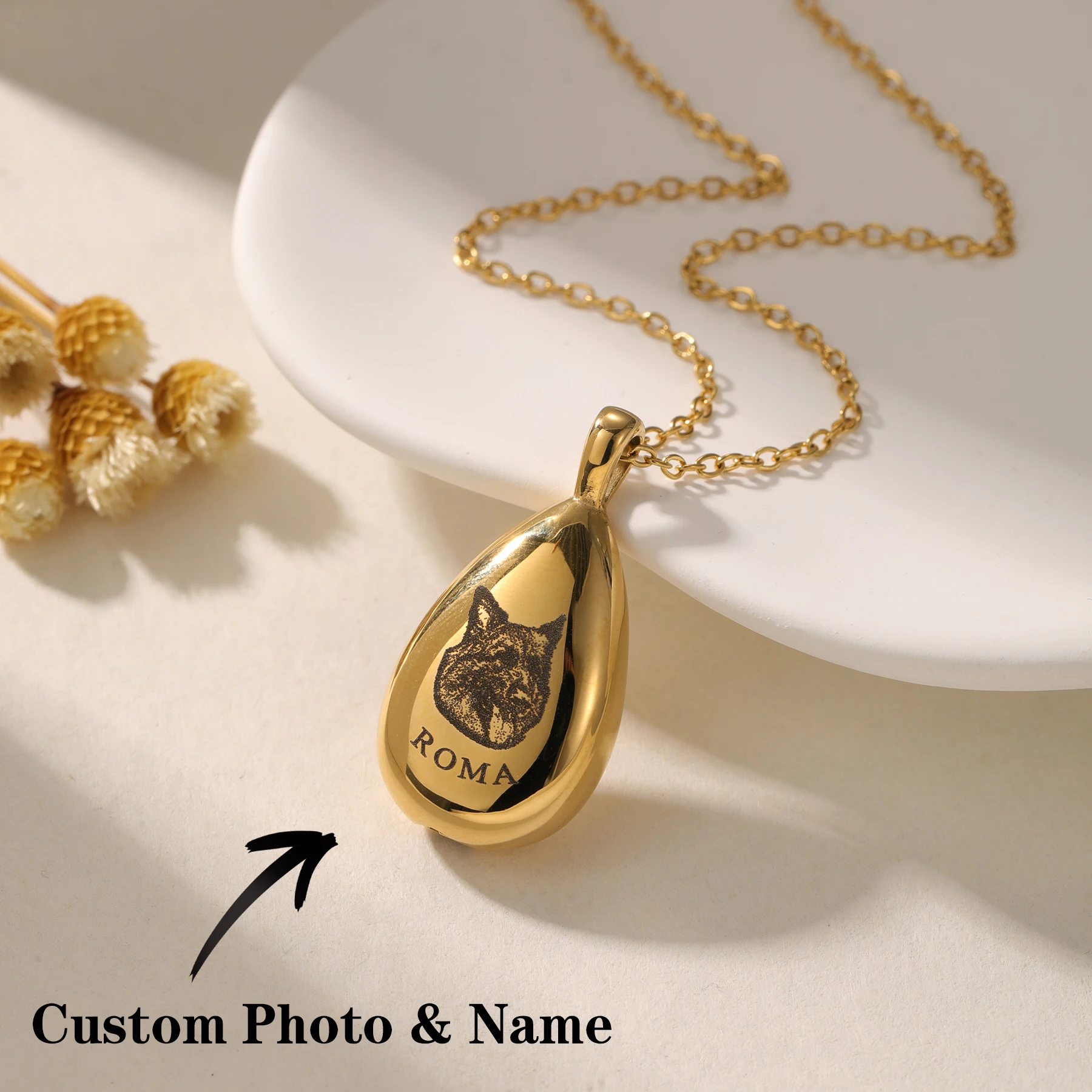 

Ожерелье с именем фото домашнего животного на заказ, позолоченная подвеска-капля из нержавеющей стали, О-цепочка, персонализированные мемориальные украшения, Рождественский подарок
