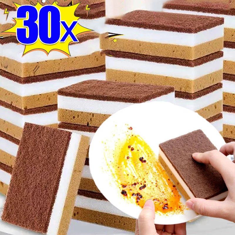 30/5pcs Double-sided Sandy Fiber Seaweed Sponges Kitchen Dishwashing Pot Rust Stain Sponge Brush Grease Cleaner Cleaning Tools