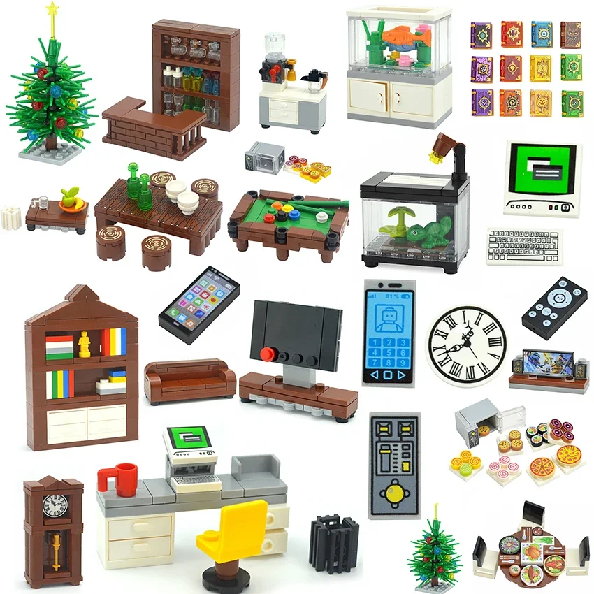 MOC Creative Furniture TV Sofa Brick City Accessories Xmas Tree Book Desk Dining Table Bathroom Door Building Block House Scene