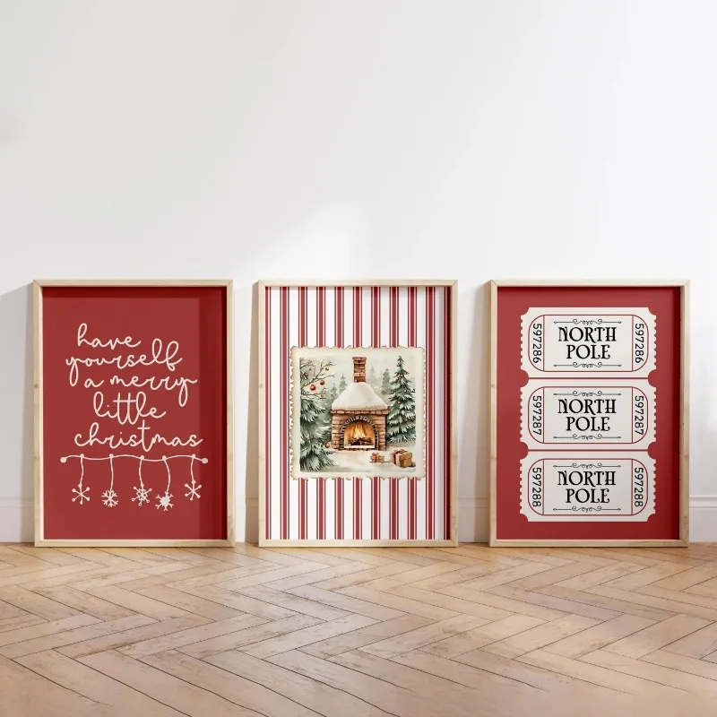 3pcs Vintage Red Christmas Wall Art Fireplace North Pole Ticket Xmas Quote Print Retro Winter Holiday Home Decor Unframed Canvas