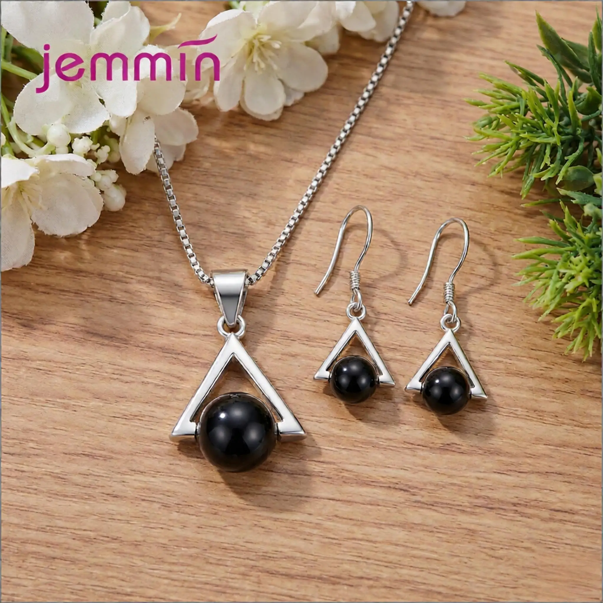 Charm 925 Sterling Silver Triangle Black Round Ball Necklace Earrings Set For Women Girls Anniversary Party Fashion Jewelry Gift
