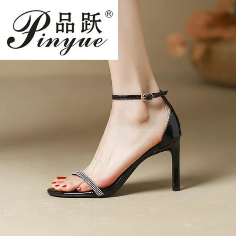 

Women Silver black High-heeled Shoes Spring And Summer New Patent Leather Rhinestone Stiletto Sandal Size 33-40