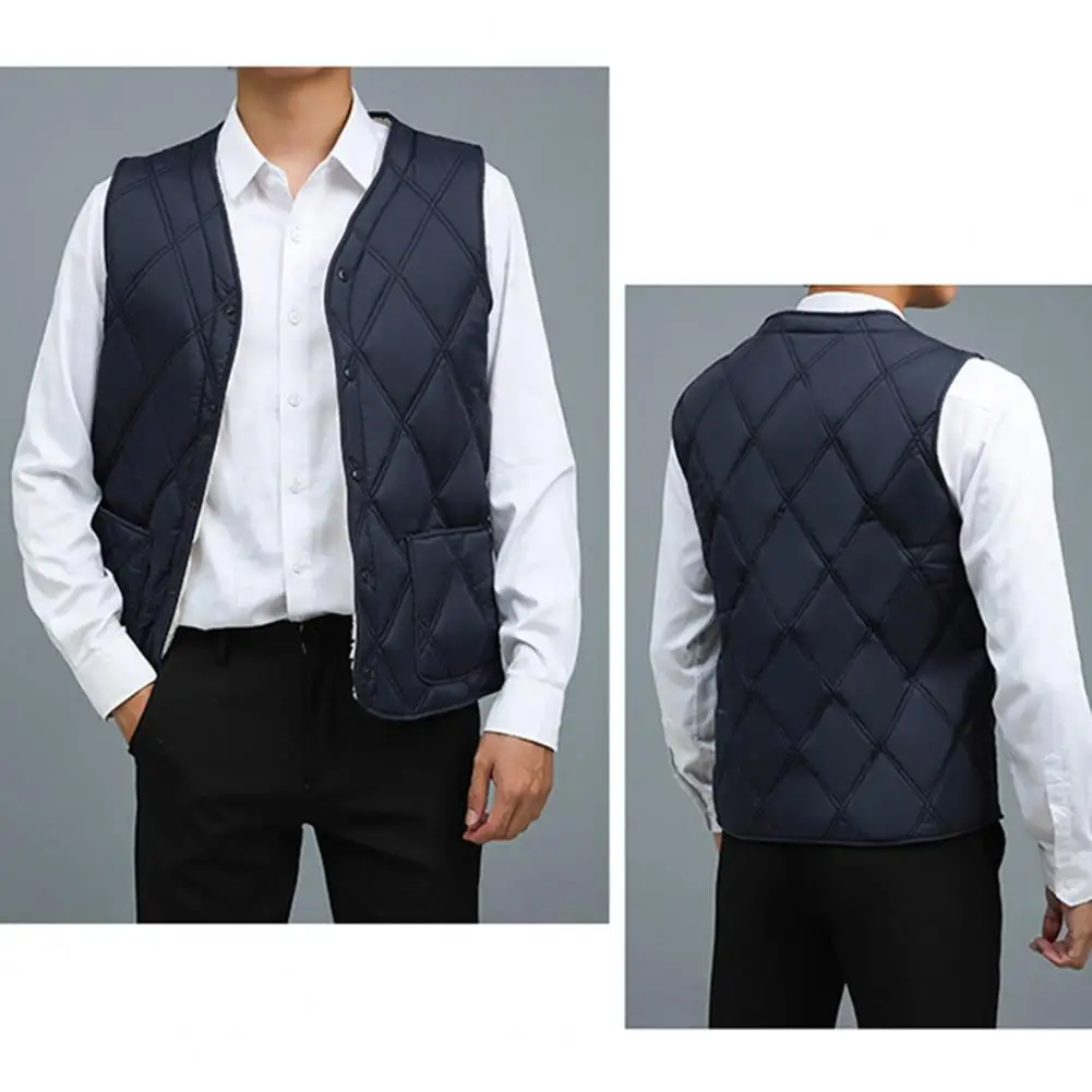 Men V-neck Waistcoat Men's Velvet Quilted V-neck Waistcoat with Plush Lining Single-breasted Design Snap Buttons Winter Cotton