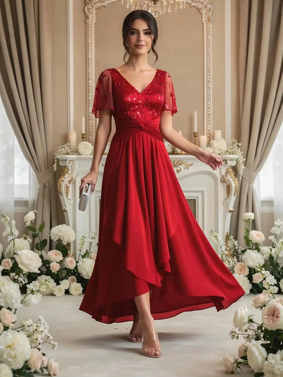 Vintage Pink A Line Mother of The Bride Dress for Women V Neck Short Sleeves Lace Sequin Long Chiffon Formal Evening Party Gown