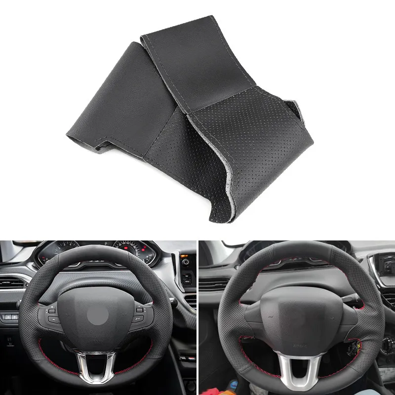 Für Peugeot 208 Peugeot 2008 2014 2015 2016 2017 2018 Handgenähter Lenkradbezug aus perforiertem Leder Auto-Zubehör