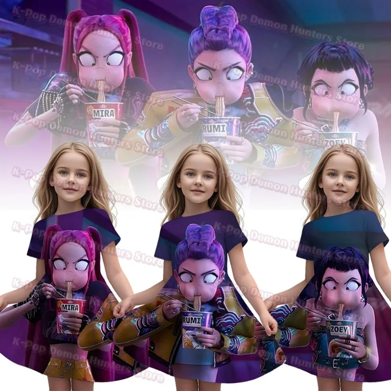 

2026 New Kpop Demon Hunters 3D printed girls' sleeved dress Autumn Kids Clothes Magic Hunter team spring and autumn