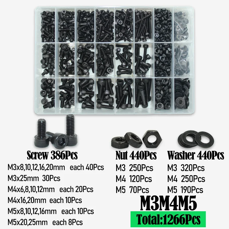 Schwarzes Sechskantschrauben-Sortiment-Kit m2 m2, 5 m3 m4 m5 m6 din912 2,5 Sechs kant Innen sechs kant kappe metrische Inbus muttern Schrauben und Unter leg scheiben – Detail 9