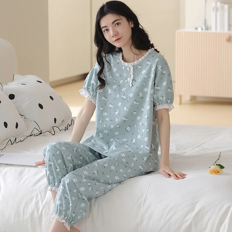 Spring and Summer Women's Pajamas Short Sleeve Capri Trousers Girls Vintage Home Clothes Cotton Loose Casual Suit Women Sets