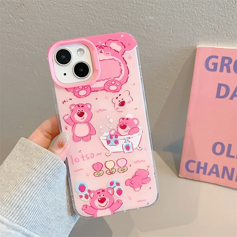 Lotso bath Pink Strawberry Bear transparent Anime Phone Case For iPhone 15 14 13 12 11 Pro Max Case Cute Sweet Shockproof Cover