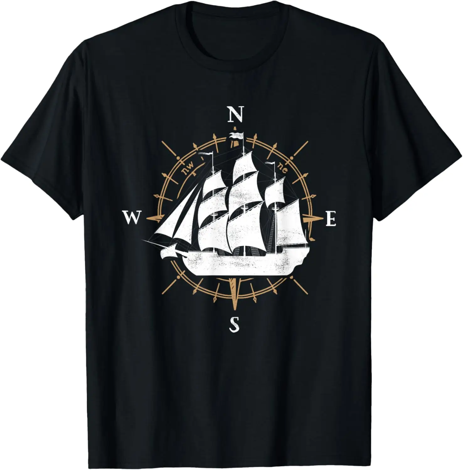 

Sailing Ship Compass Nautical Navigation Graphic Tee Breathable Soft Cotton Crewneck T-Shirt for Trip
