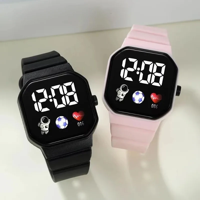 LED Square Dial Kids Watch Children's Electronic Watch Smartwatch Astronaut Heartbeat Football PM Time Display Can Be Switched