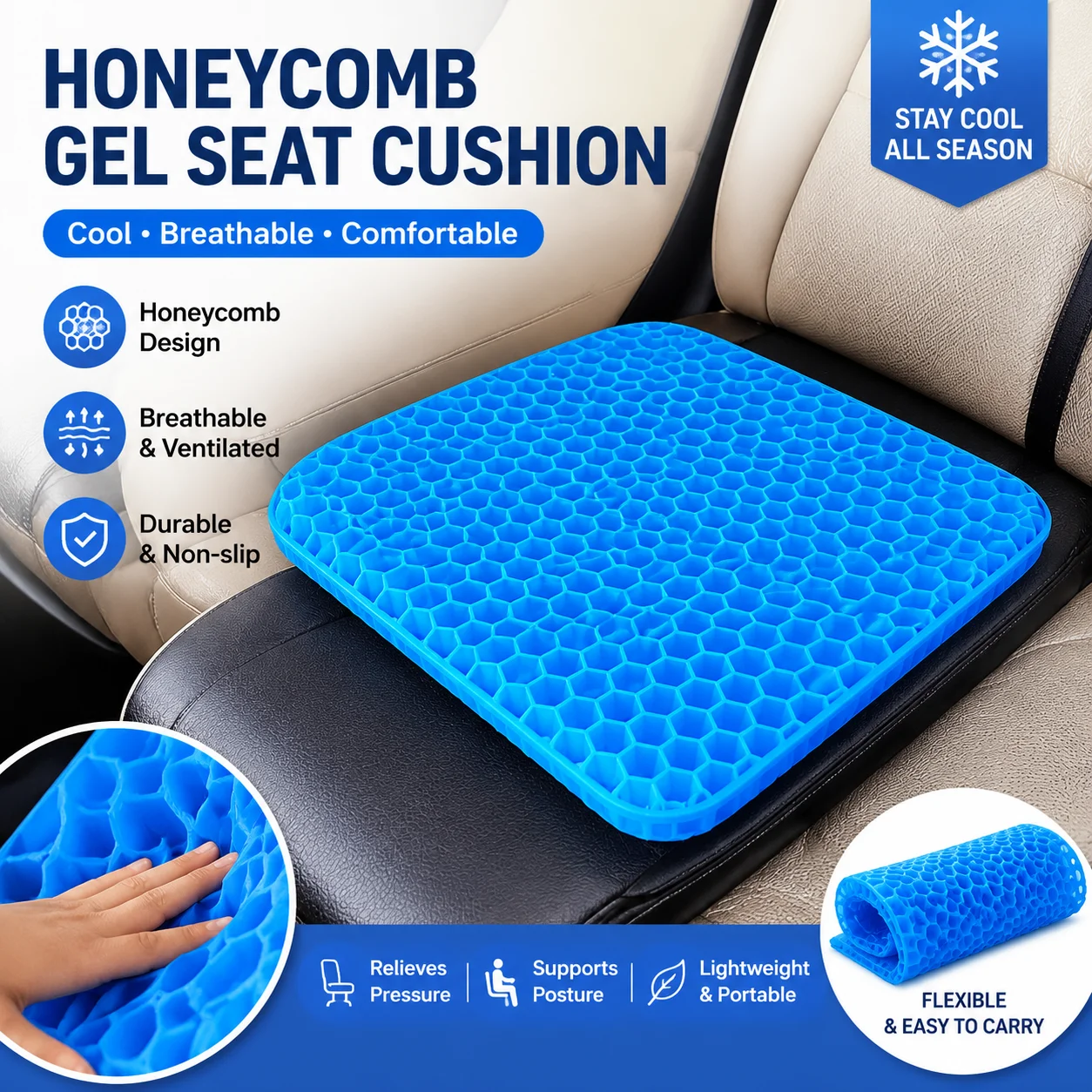 Coussin en gel respirant pour l'été, coussin rafraîchissant en nid d'abeille pour siège de voiture, coussin rafraîchissant doux pour chaise de bureau et tabouret de maison
