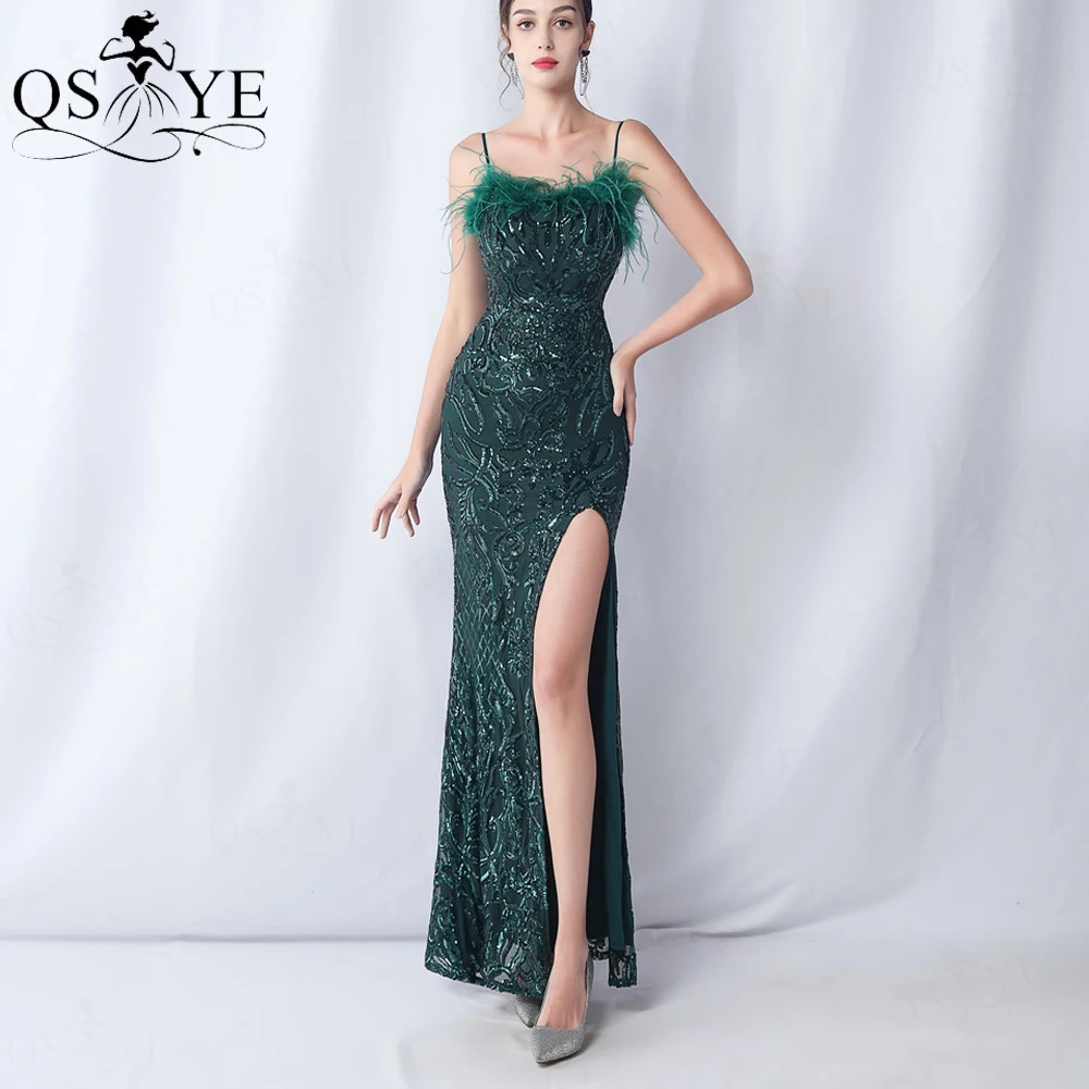 

Ostrich Hair Green Evening Dresses Sequined Pattern Lace Prom Gown Spaghetti Straps Open Back Split Women Emerald Formal Dress